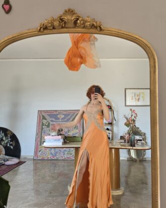Capolavoro Abito lungo vintage Sartoriale in Pura Seta albicocca e pizzo Chantilly francese tg 42