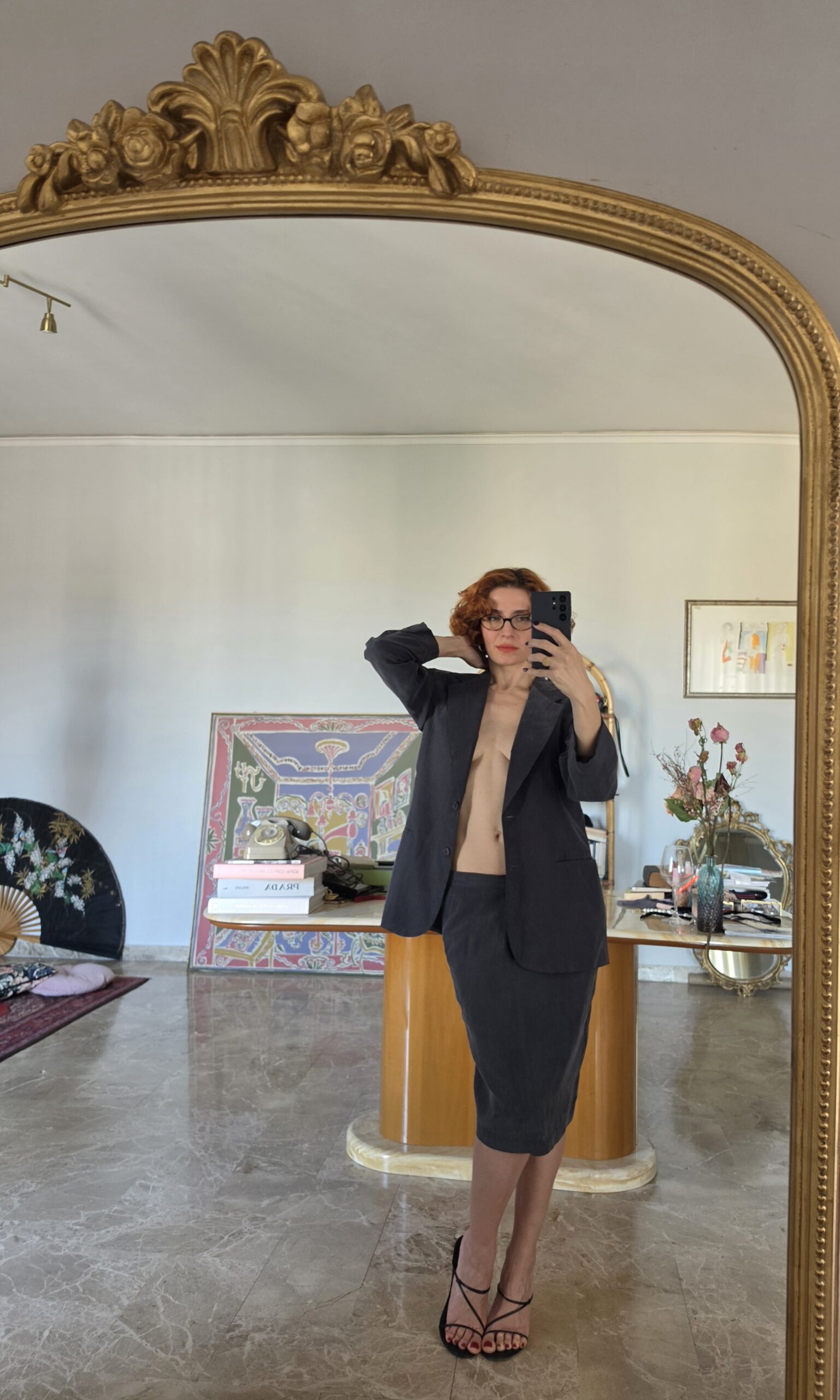 Tailleur vintage minimal in Pura Seta grigio Piombo tg 38/40