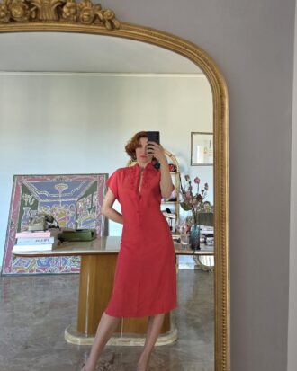 Abito Qipao orientale ricamato in 100% Pura Seta rosa schiaparelli tg 44/46