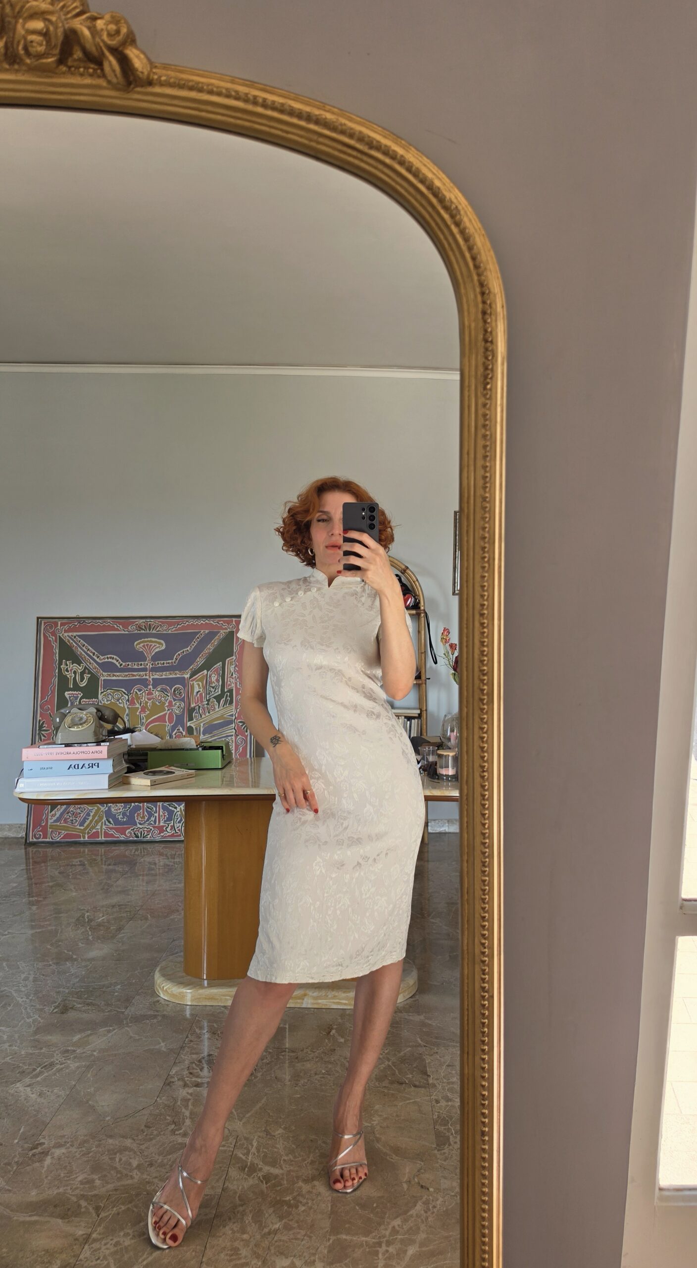 Abito Qipao bianco con pattern rose 42/44