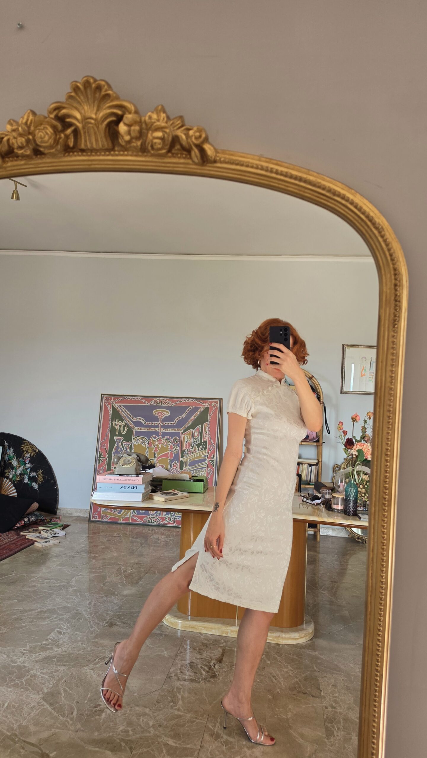 Abito Qipao bianco con pattern rose 42/44 - immagine 5