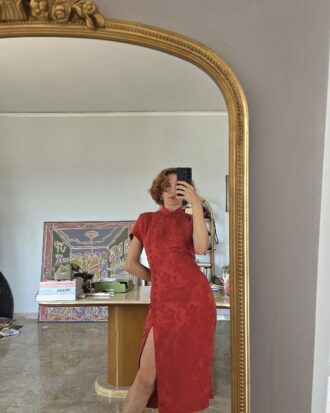 Abito Qipao francese in Damasco di Pura Seta rossa pattern rose tg 44