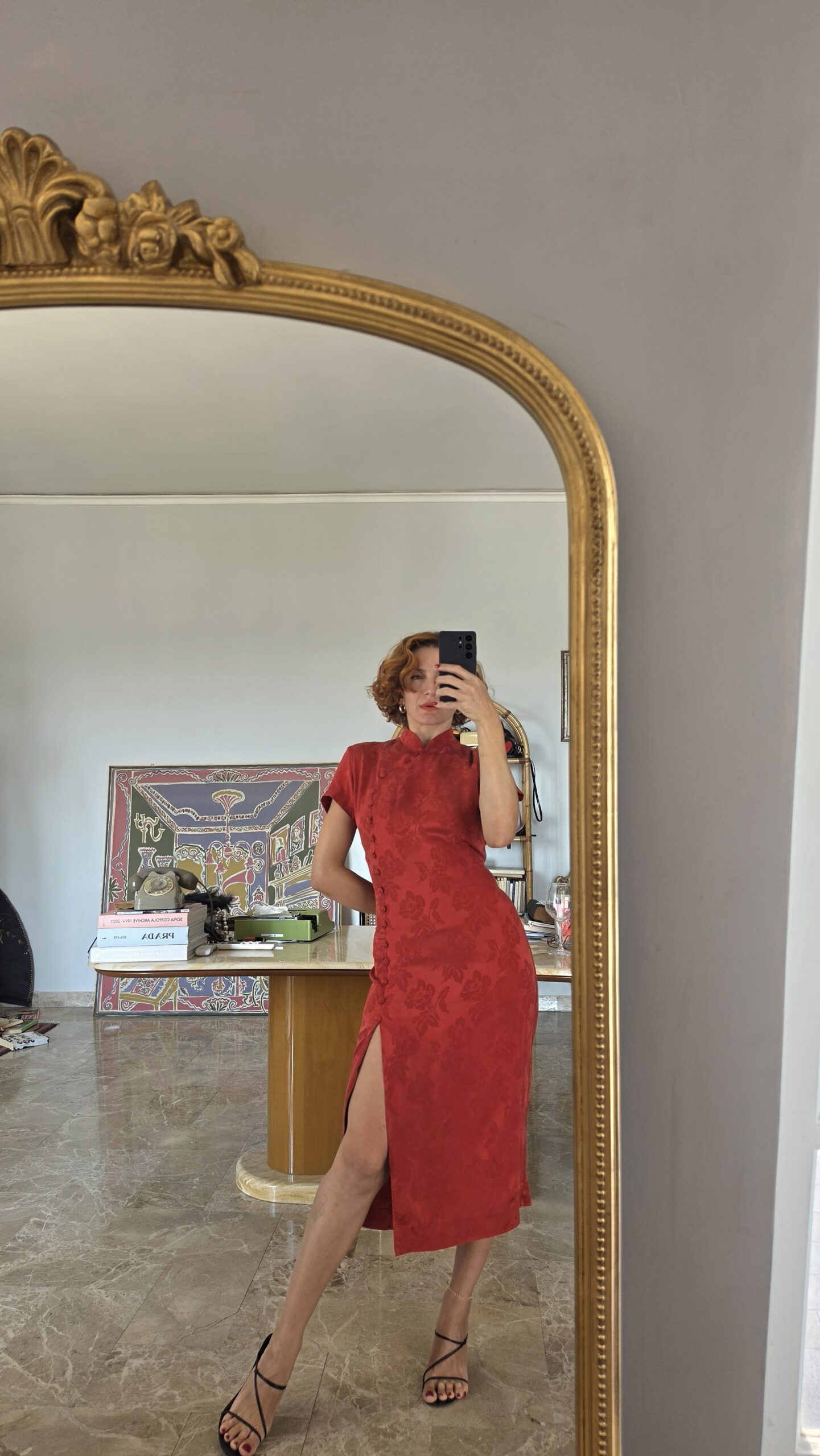 Abito Qipao francese in Damasco di Pura Seta rossa pattern rose tg 44