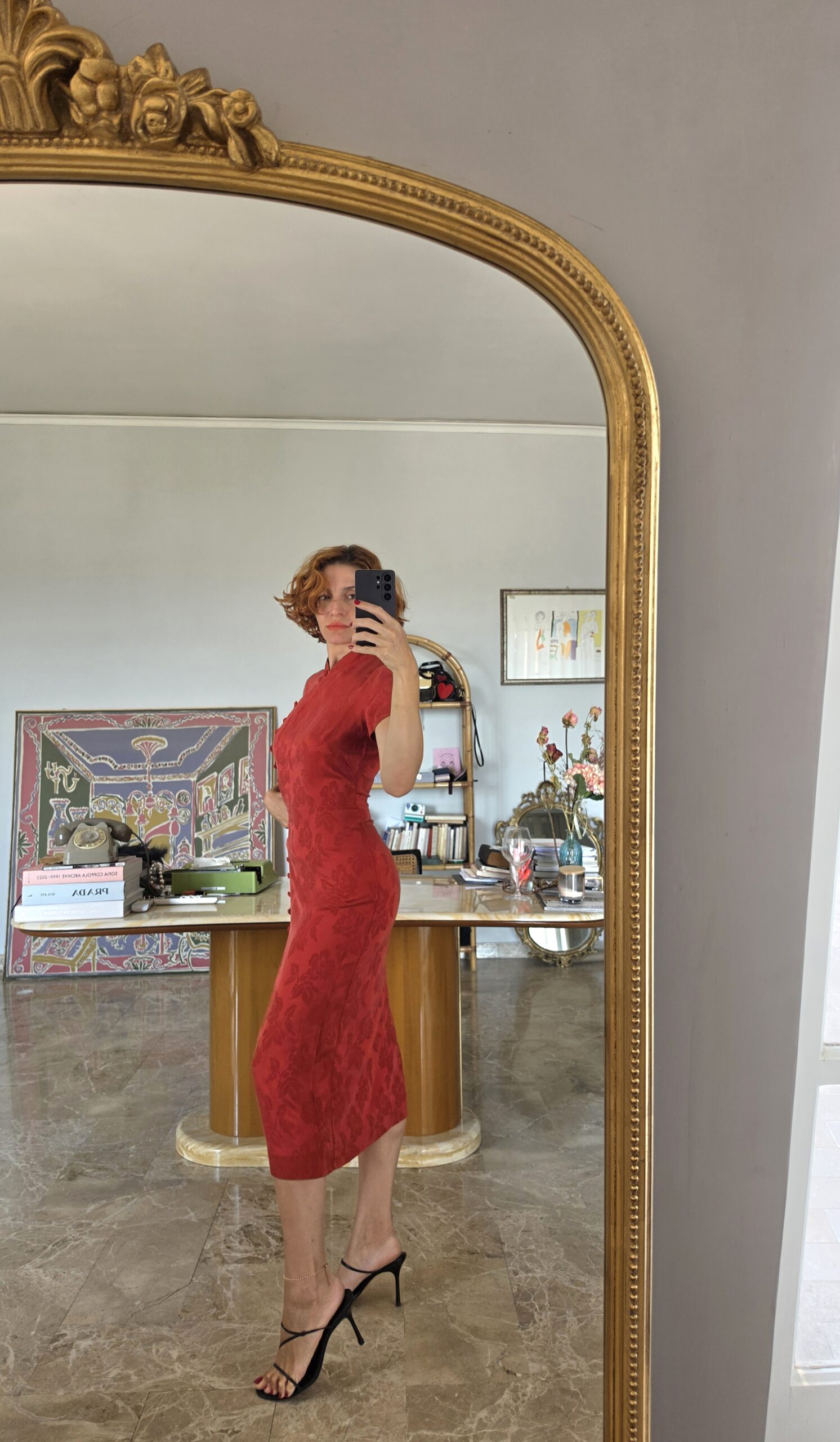 Abito Qipao francese in Damasco di Pura Seta rossa pattern rose tg 44 - immagine 4