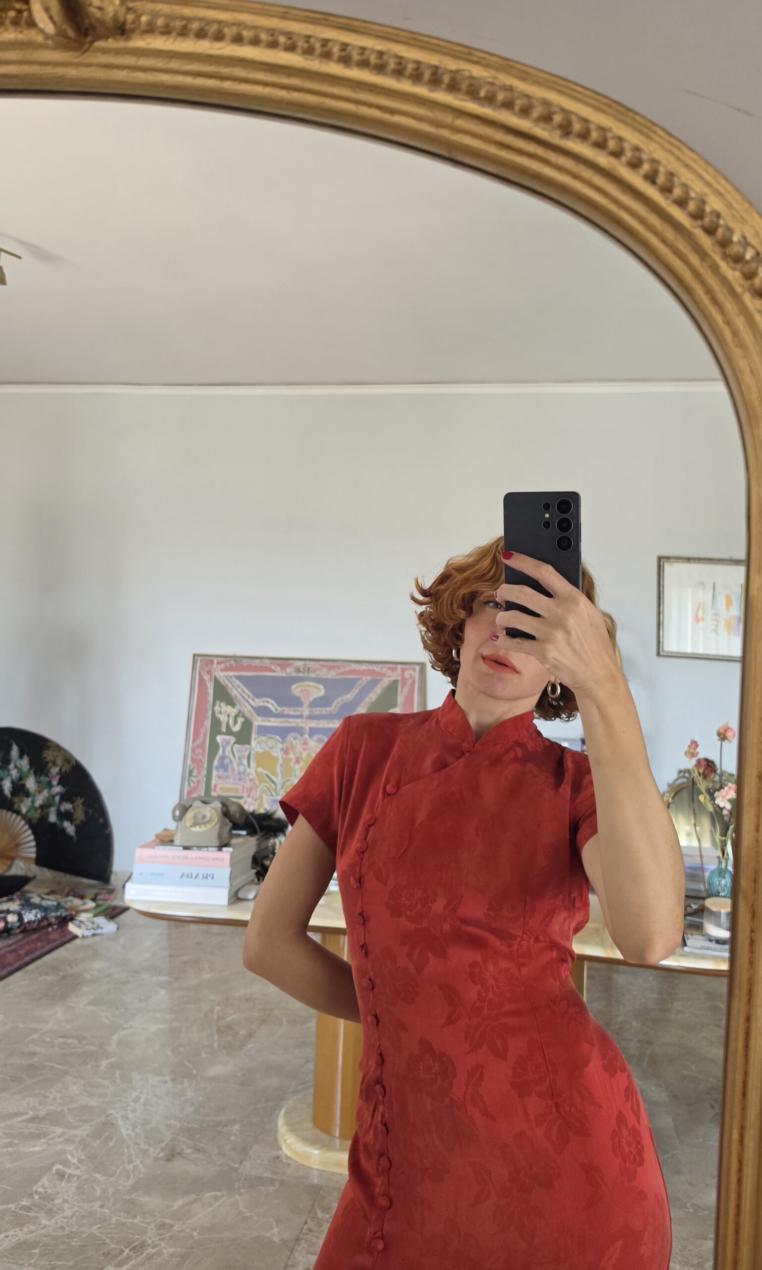Abito Qipao francese in Damasco di Pura Seta rossa pattern rose tg 44 - immagine 6