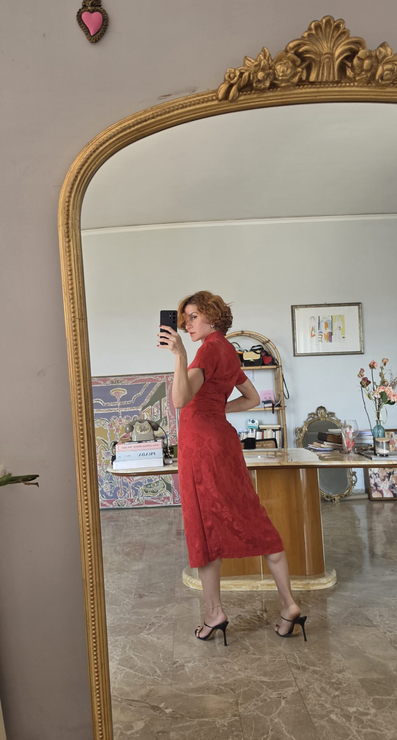 Abito Qipao francese in Damasco di Pura Seta rossa pattern rose tg 44 - immagine 7