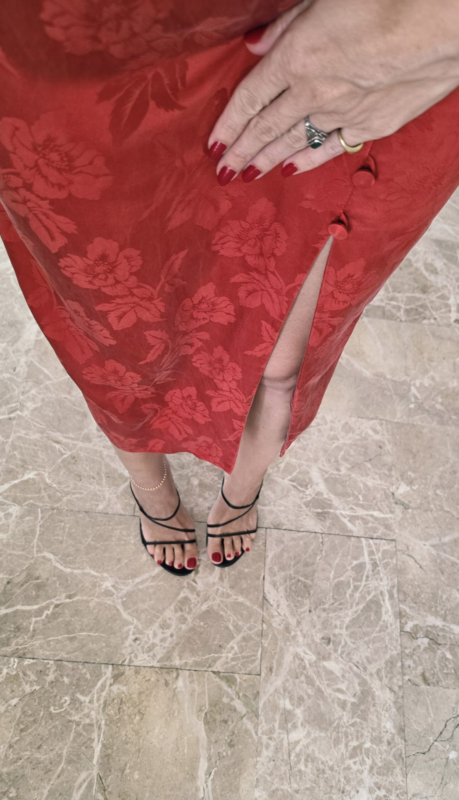 Abito Qipao francese in Damasco di Pura Seta rossa pattern rose tg 44 - immagine 8