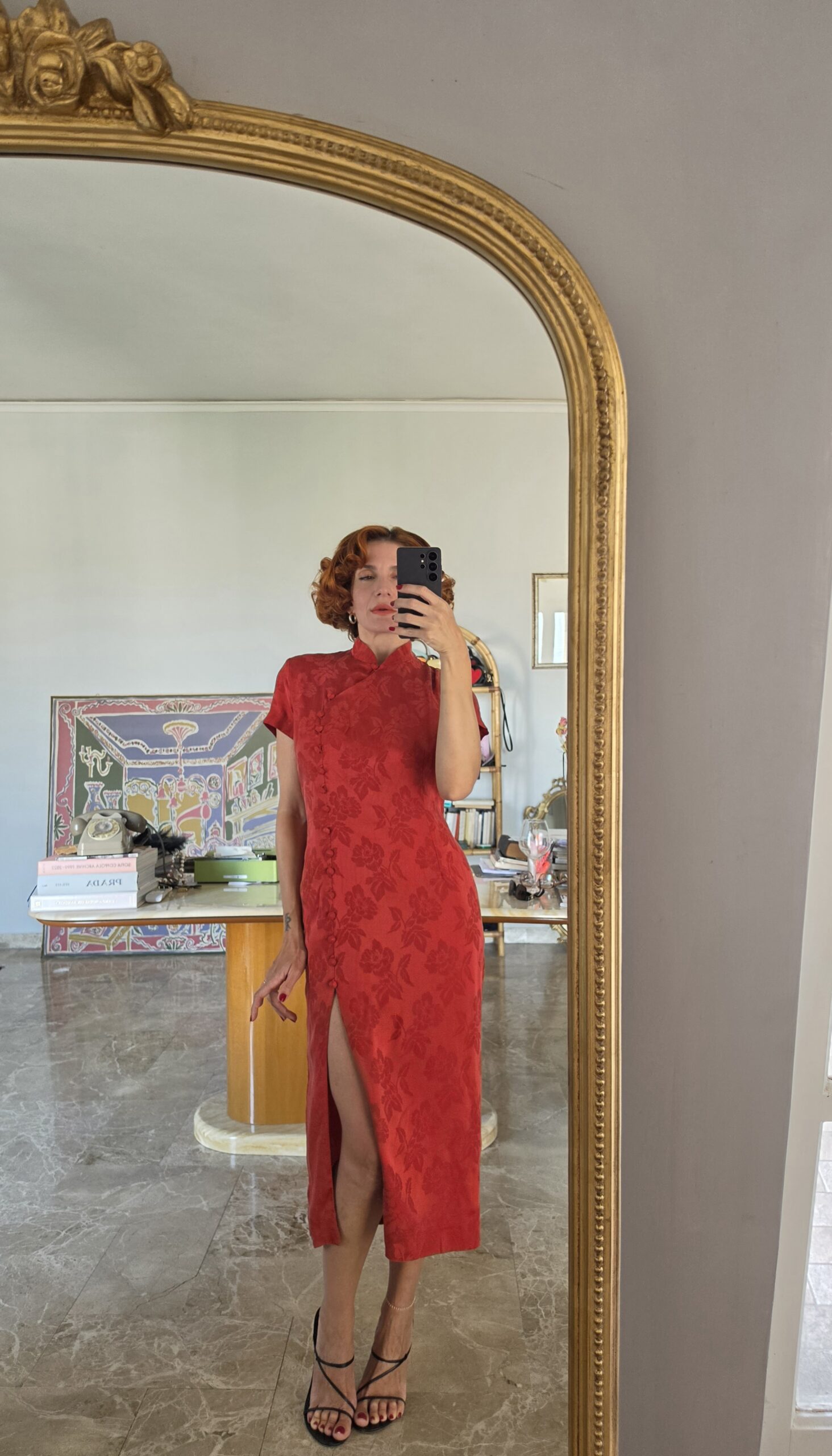 Abito Qipao francese in Damasco di Pura Seta rossa pattern rose tg 44 - immagine 3