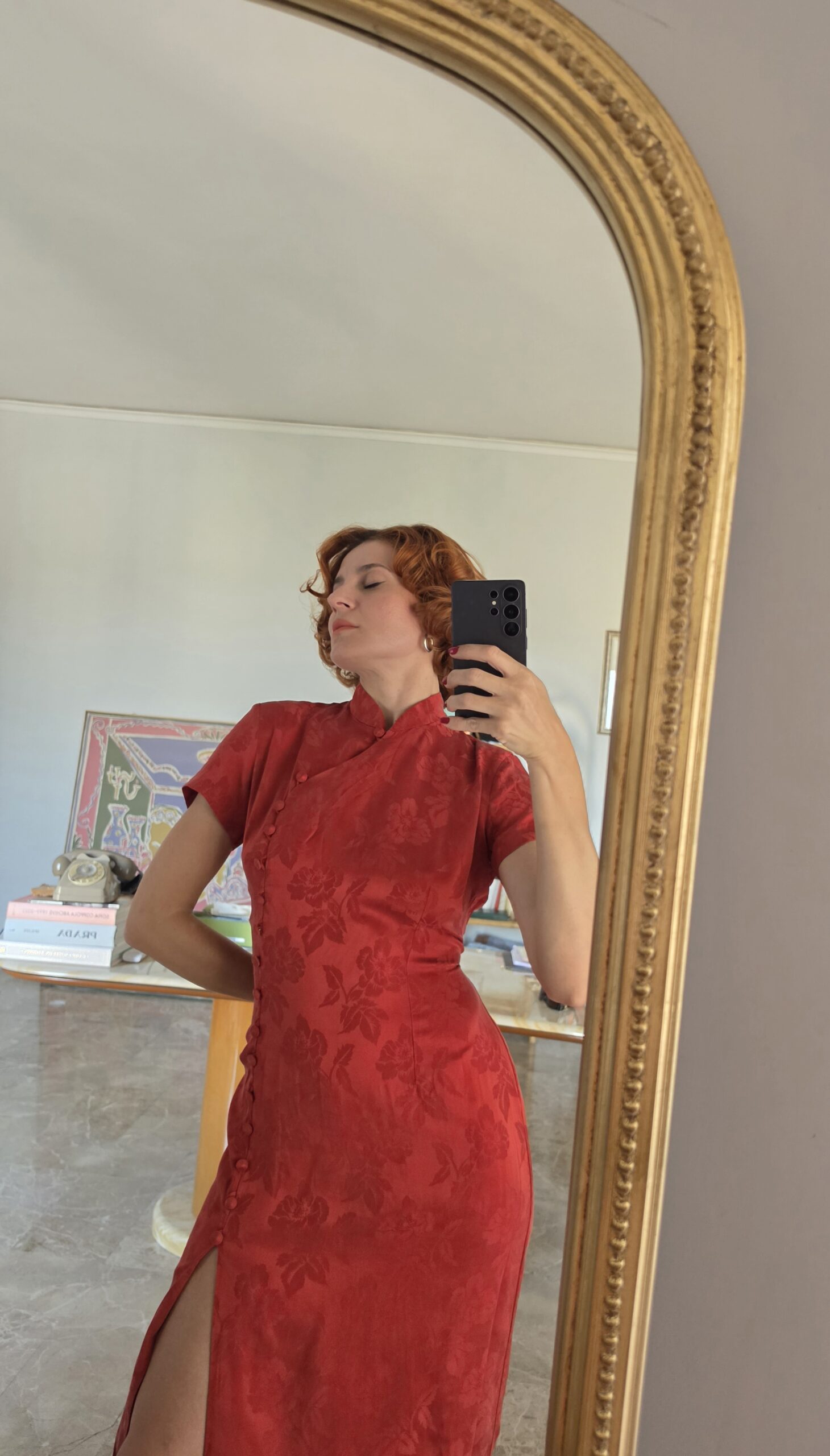 Abito Qipao francese in Damasco di Pura Seta rossa pattern rose tg 44 - immagine 5